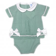 MC727-Sage: Baby Knitted 2 Piece Set With Double Bows (0-9 Months)